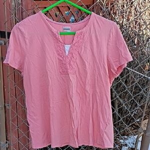 Basic Editions Coral Pink Short-Sleeve Lace-Trim V-Neck Tee